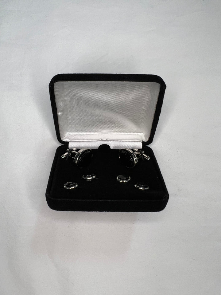 Black Silver Oval Studs & Cufflinks Boxed Set
