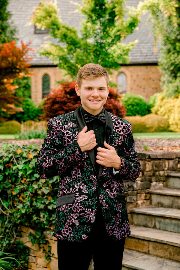 Floral Sequin Design Black Shawl Lapel Fashion Jacket Barabas