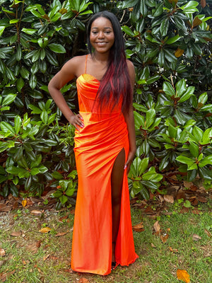Blush Prom 12134 Orange Satin Corset Style Dress with Slit