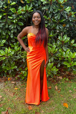 Blush Prom 12134 Orange Satin Corset Style Dress with Slit