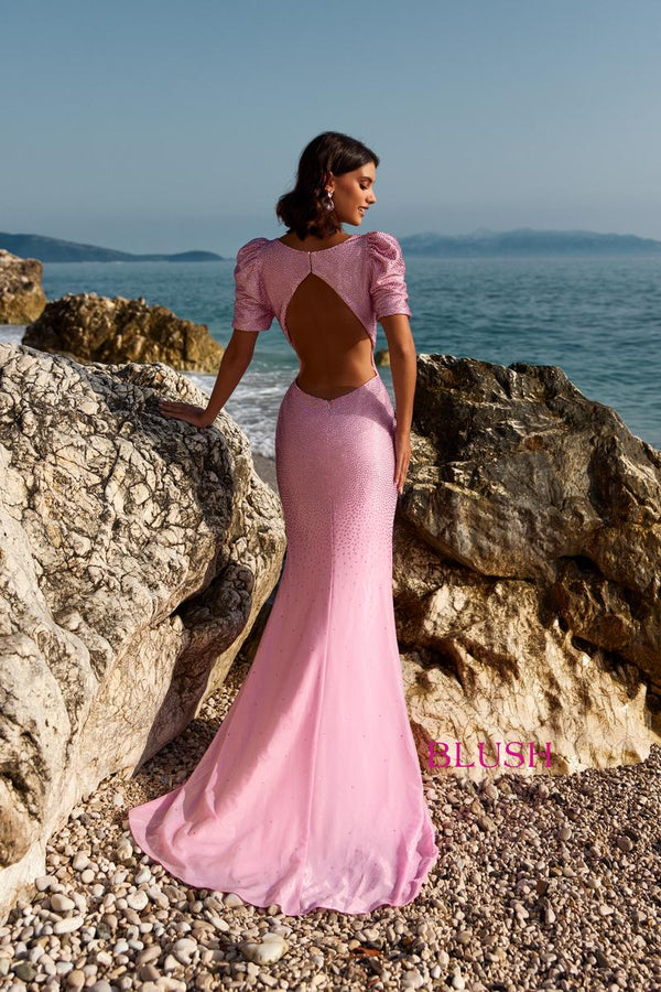 Blush Prom 12120 Rose Pink Dress with Short Ruched Sleeves Blush PromÂ