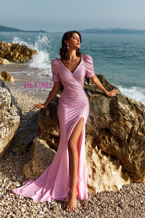 Blush Prom 12120 Rose Pink Dress with Short Ruched Sleeves Blush Prom