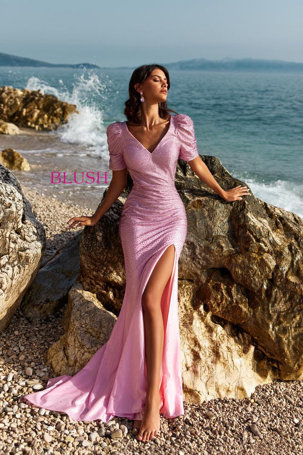 Blush Prom 12120 Rose Pink Dress with Short Ruched Sleeves Blush PromÂ