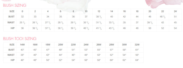 Blush Prom and Blush Too (Plus Size) size charts with measurements for bust, waist, and hip.