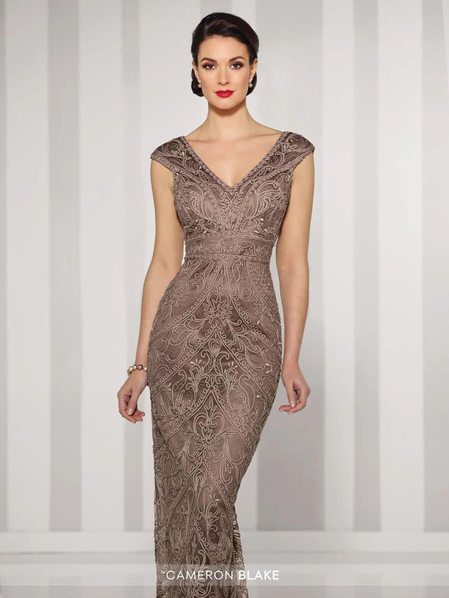 Cameron Blake 216693 Cappuccino Lace Embellished Sheath Dress – Formalwear Outlet
