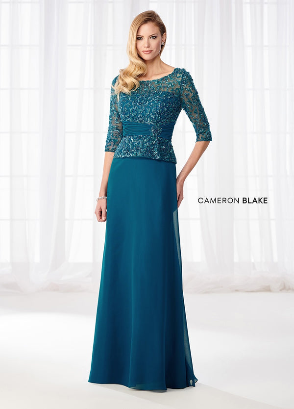 CAMERON BLAKE 114657 Teal Mock Two Piece Evening Dress