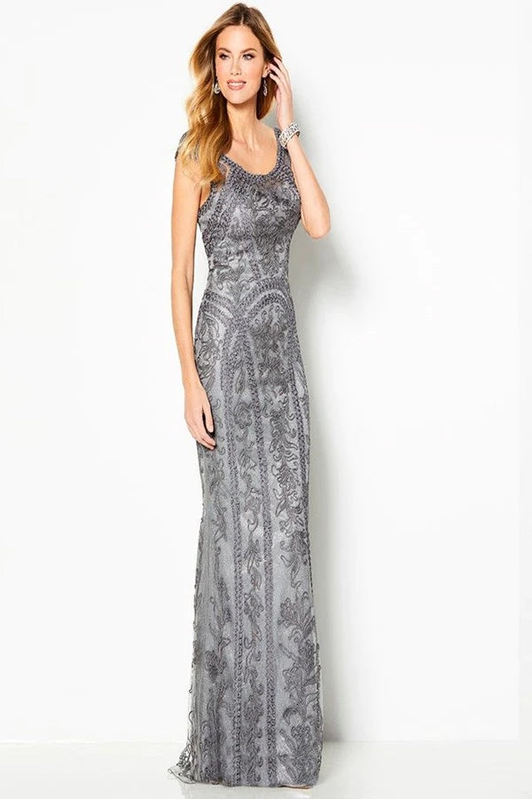 CAMERON BLAKE 219680 Smoke Grey Lace Sheath Dress