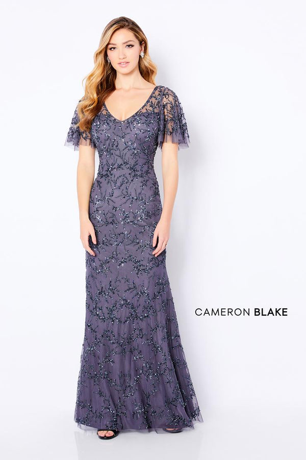 CAMERON BLAKE 221681 Flutter Sleeve Beaded Tulle Evening Dress