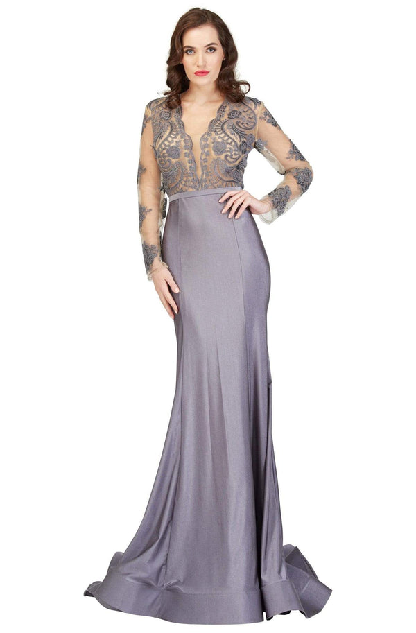 Cecilia Couture 1405 Grey Lace Bodice Long Sleeve Dress Cecilia Couture