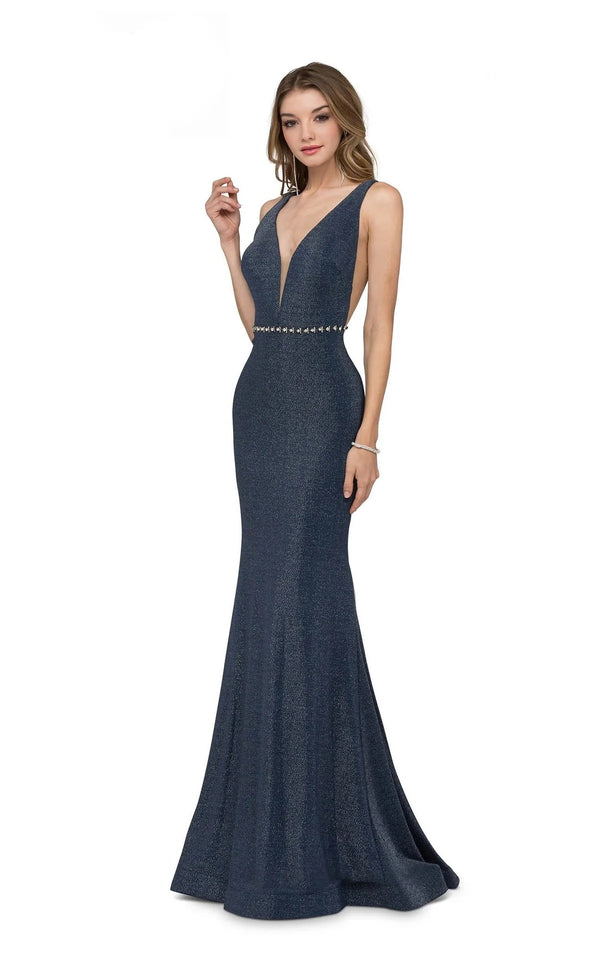 Cecilia Couture 1418 Navy Deep V-Neck Dress