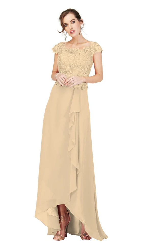 Cecilia Couture 1846 Champagne Lace Cap Sleeve Modest Dress Cecilia CoutureÂ