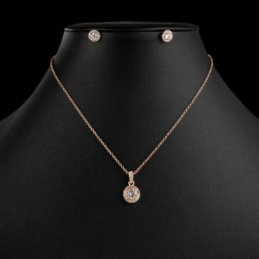 Cubic Zirconia Round Pendant Rose Gold Necklace and Earring Set Cristal D'Or