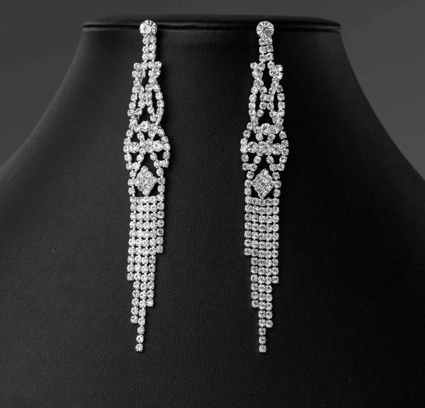 Rhinestone Macramé Long Silver Earrings Cristal D'Or