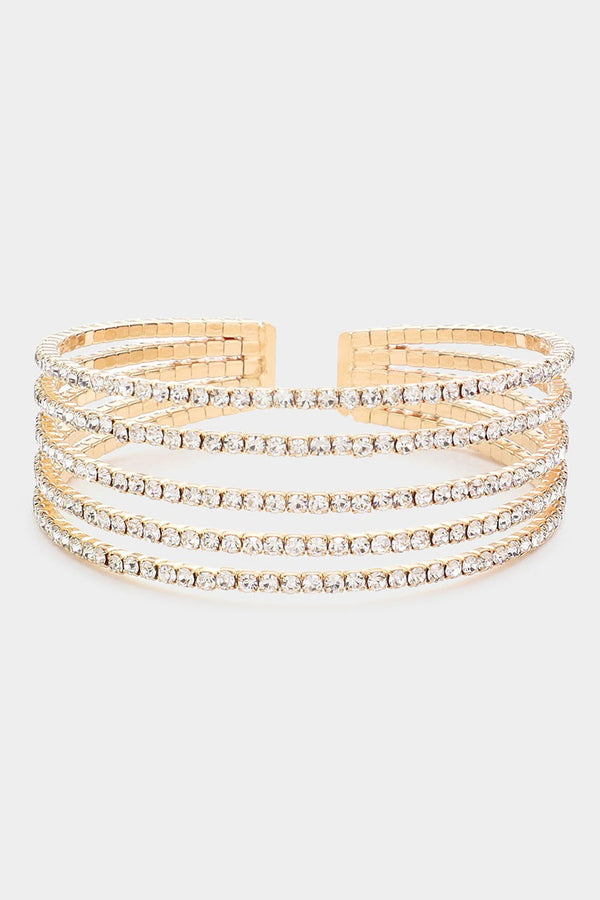 5 Rows Split Layered Rhinestone Cuff Bracelet - Silver, Gold or Jet Black