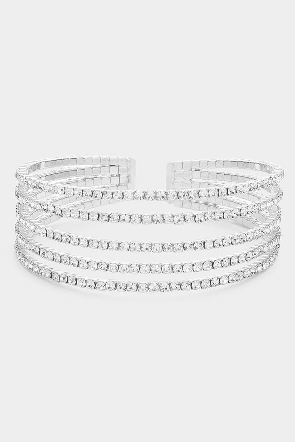 Silver Split Layered Rhinestone 5 Row Cuff Bracelet Wona Trading Co