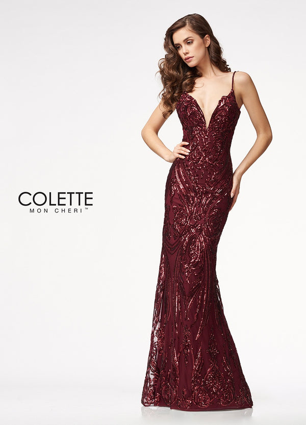 Colette CL21722 Burgundy Fitted Sequin Dress
