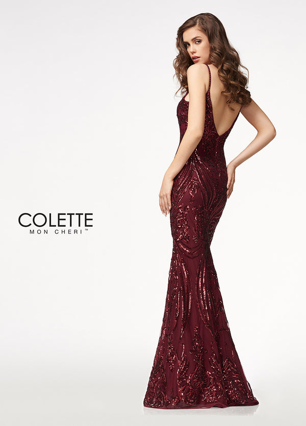 Colette CL21722 Burgundy Fitted Sequin Dress