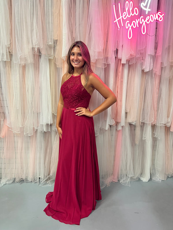CLARISSE 7052 Wine Chiffon Lace Halter Dress Clarisse