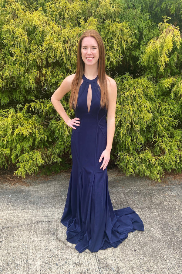 Colette CL19809 Navy Key Hole Neckline Fit-n-Flare Dress