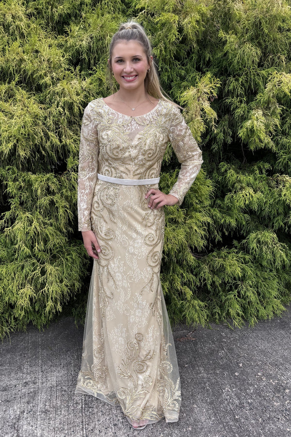 Cecilia Couture 1407 Champagne Gold Long Sleeve Dress