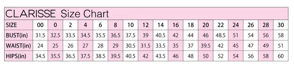 Clarisse Prom Dresses size chart with Bust, Waist and Hip measurements in Inches.