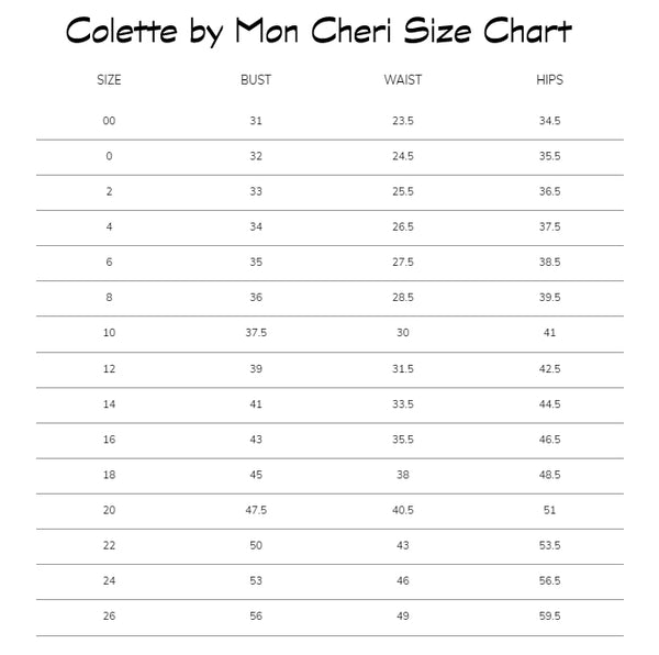 Colette by Mon Cheri size chart with bust, waist, and hips measurements.