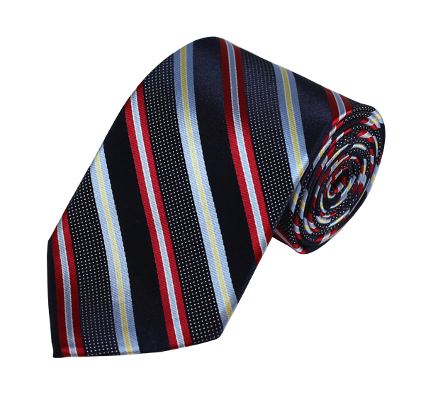 Red, Blue, Yellow Stripes on Navy Woven Tie