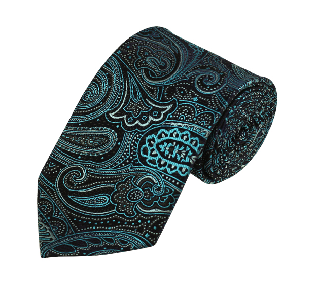 Teal Green / Silver / Black Paisley Woven Tie