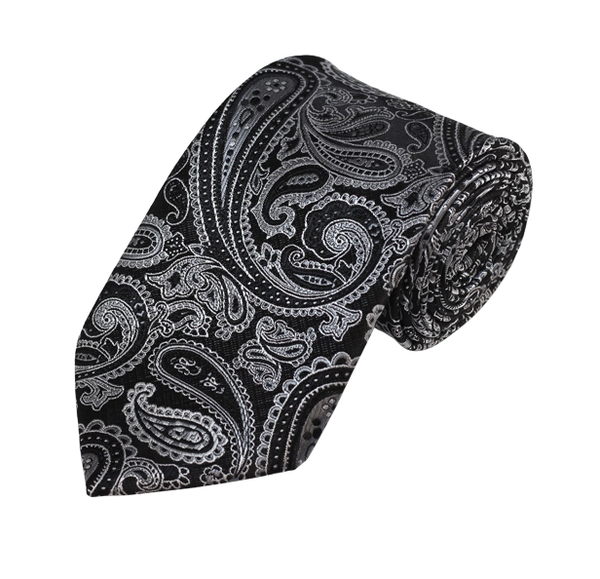 Silver and Black Paisley Design Tie Manzini Neckwear