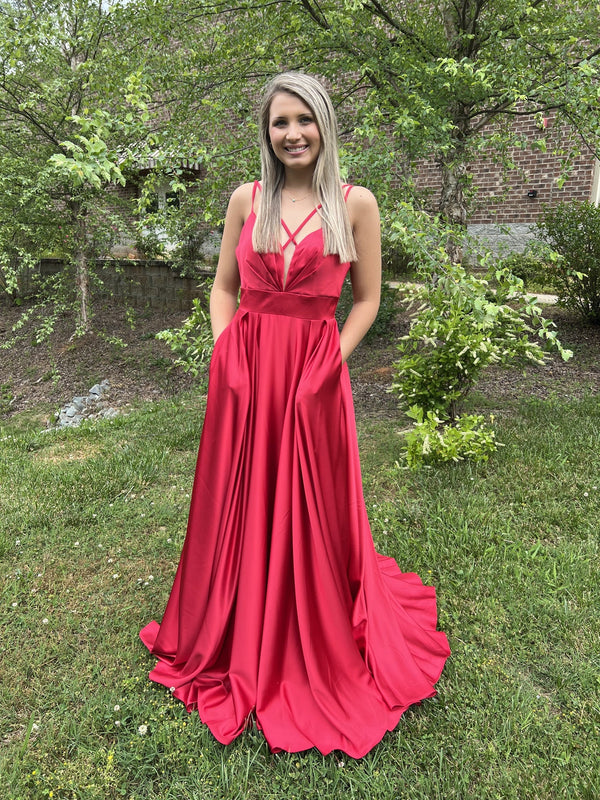 Dave & Johnny 10256 Red Satin Slim A-Line Dress Dave & Johnny