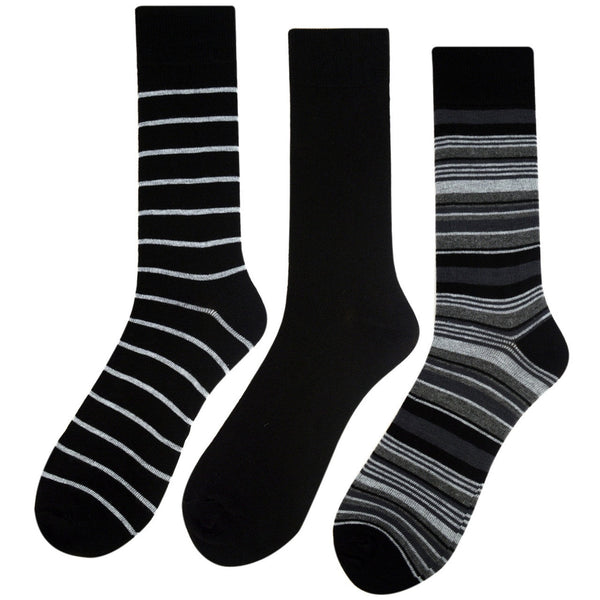 Men's 3 Pack Fancy Crew Socks - BLACK STRIPES SELININY