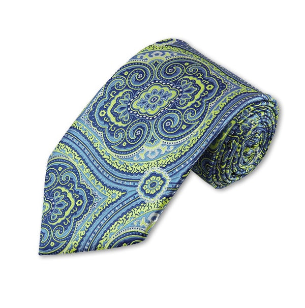 Lime Green and Steel Blue Woven Paisley Tie Manzini Neckwear