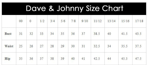 Dave & Johnny size chart for bust, waist, and hip measurements.