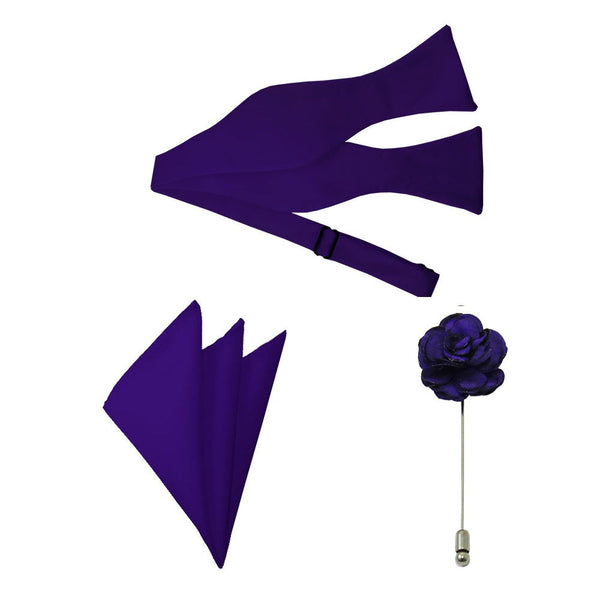 Dark Purple Satin Bow Tie, Pocket Square & Lapel Pin Set TieOutlet.com