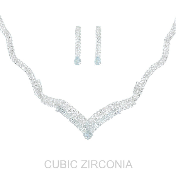 Cubic Zirconia Scallop Curve V-Shape Necklace and Earring Set Sophia Collection dba Something Special