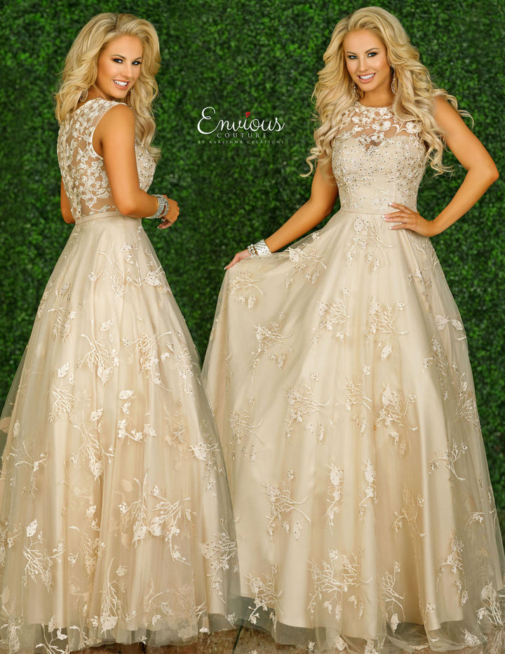 ENVIOUS Couture 1407 Nude Champagne Floral Embroidered Ballgown - Size 16