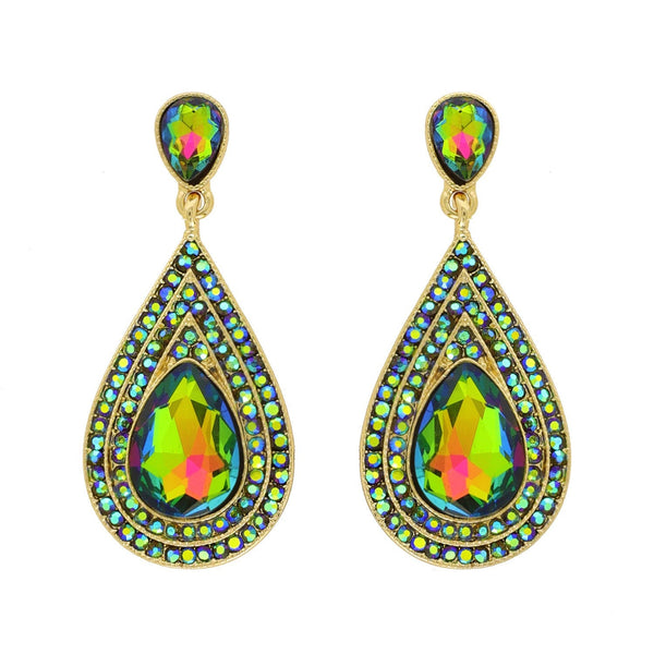 Green Iridescent AB Teardrop Gemstone Gold Earrings Sophia Collection dba Something Special