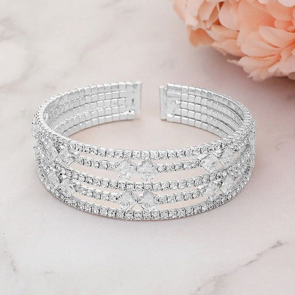 Square Cut Cubic Zirconia Stone Accented Cuff Bracelet Wona Trading Co