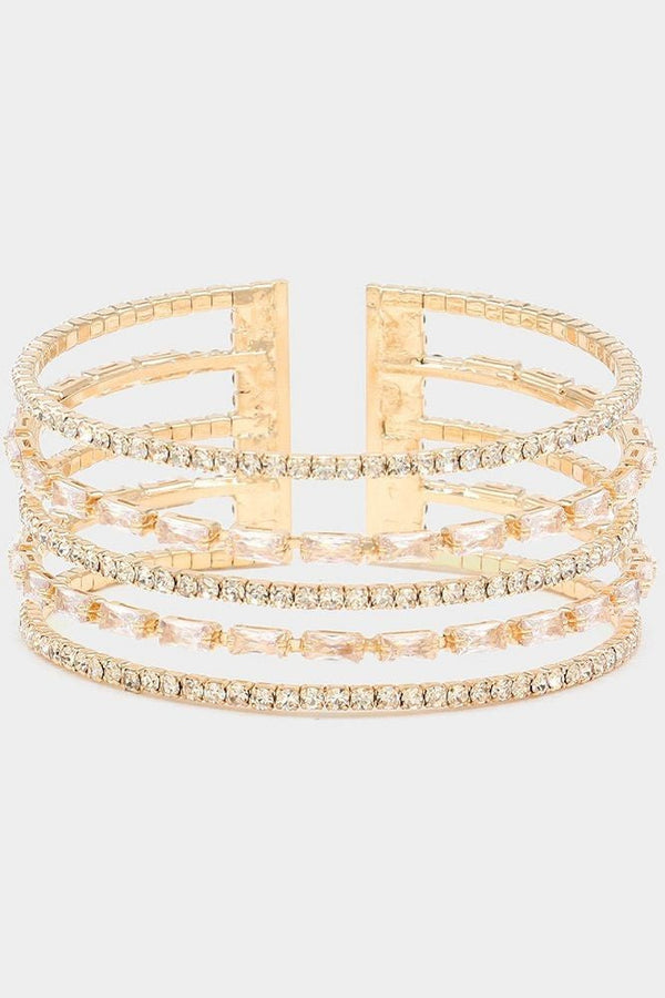 Cubic Zirconia Baguette Stone Accented Gold Split Cuff Bracelet Wona Trading CoÂ