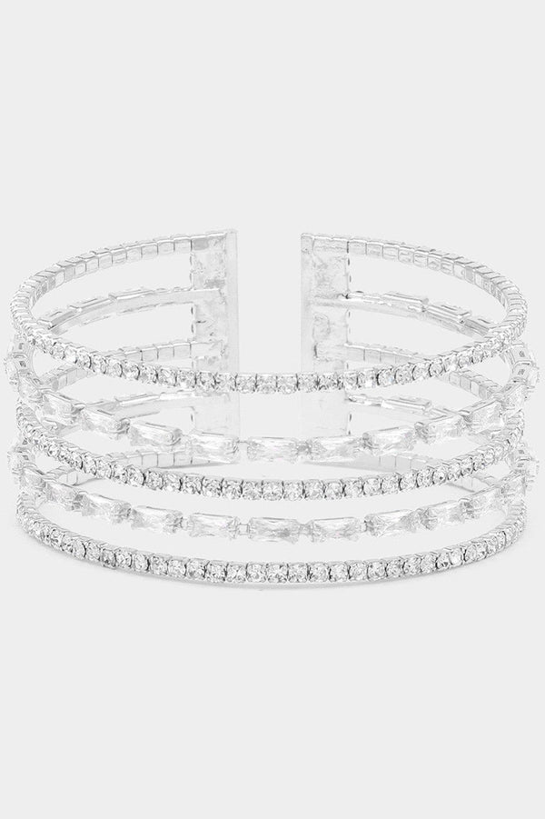 Cubic Zirconia Baguette Stone Accented Silver Split Cuff Bracelet Wona Trading Co