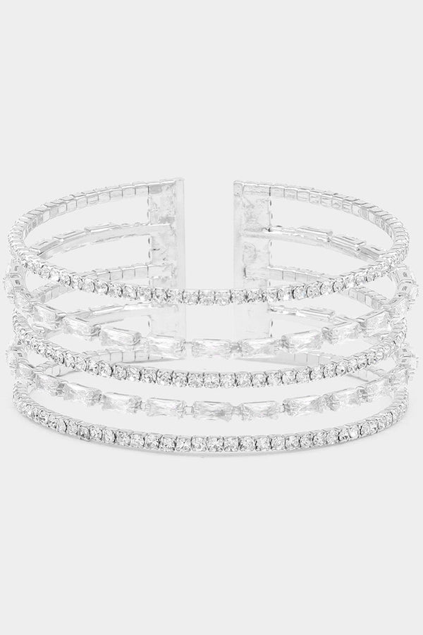 Cubic Zirconia Baguette Stone Accented Split Cuff Bracelet - Silver or Gold