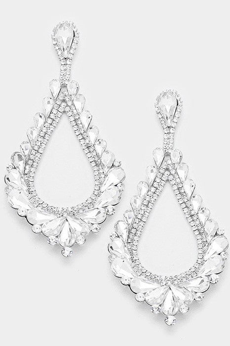 Oversized Cut Out Teardrop Crystal Cluster Vine Statement Silver Earrings Wona Trading Co