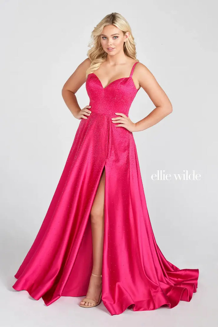 Ellie Wilde 122015 Fuchsia Pink Satin A-Line Dress with Slit - Size 00