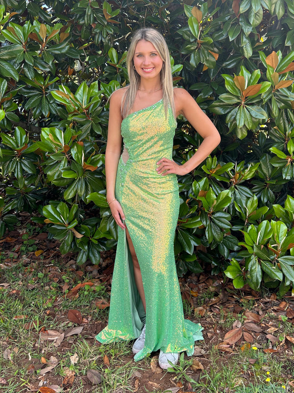 Ellie Wilde 34022 Lime Green Sequin One Shoulder Dress