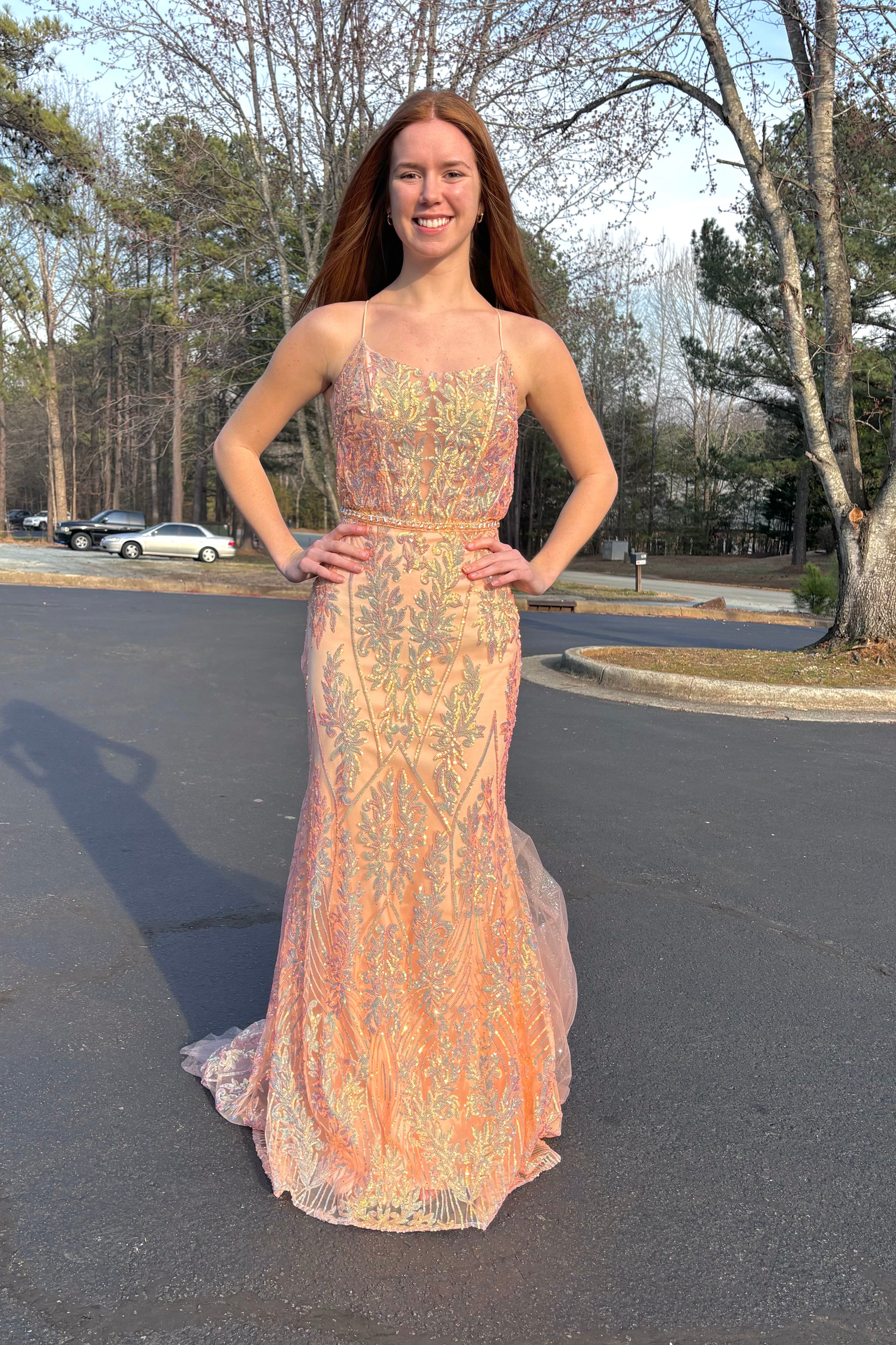 Ellie Wilde 34023 Peach Champagne Corset Illusion Mermaid Dress