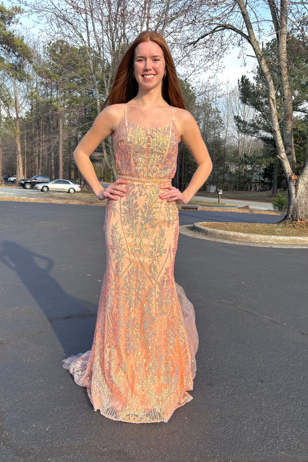Ellie Wilde 34023 Peach Champagne Corset Illusion Mermaid Dress