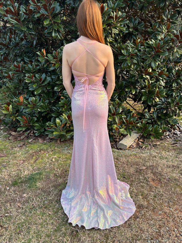 Ellie Wilde 34087 Pink Sequin Dress with Train