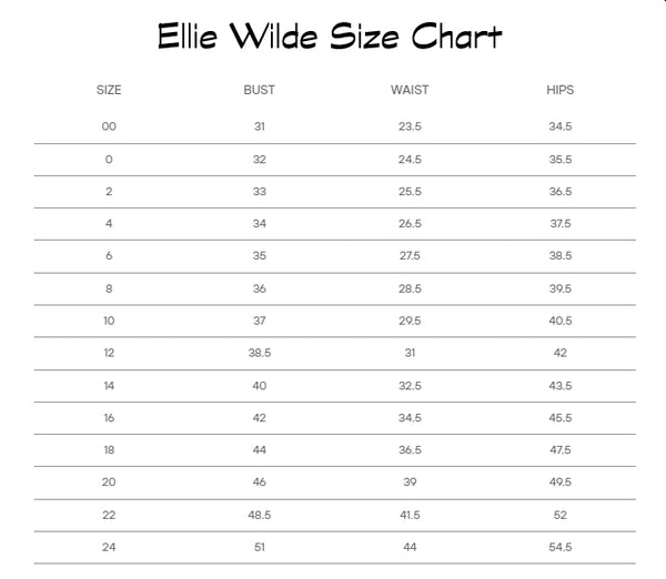 Ellie Wilde size chart showing bust, waist, and hips measurements.