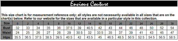 Size chart for Envious Couture Dresses.
