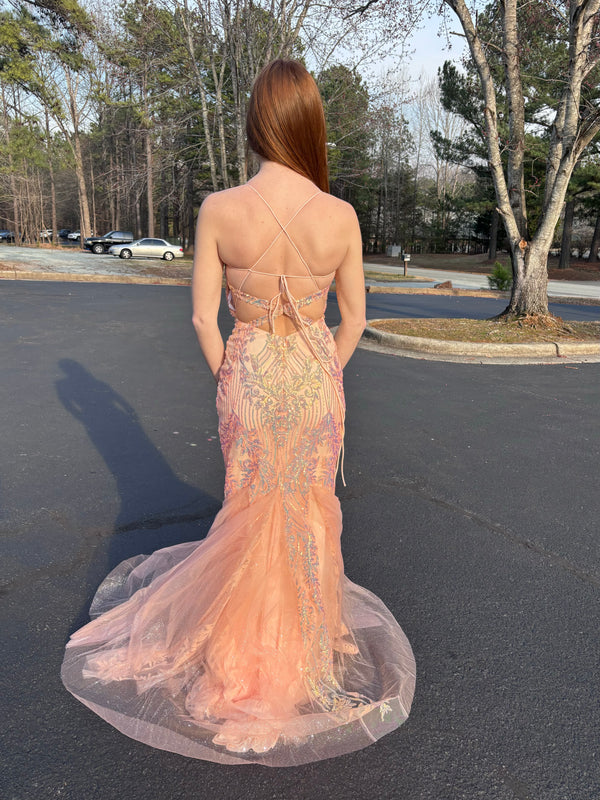 Ellie Wilde 34023 Peach Champagne Corset Illusion Mermaid Dress